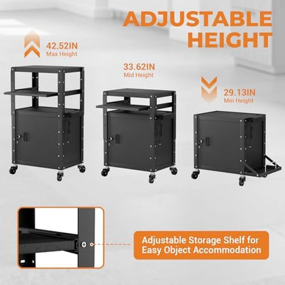 Mobile AV Cart with Cabinet, Rolling Computer Cart Height Adjustable Rolling Media Utility Cart with Extra Storage Space, 4 Outlets, Pullout Keyboard Tray Perfect for Home or Office Use