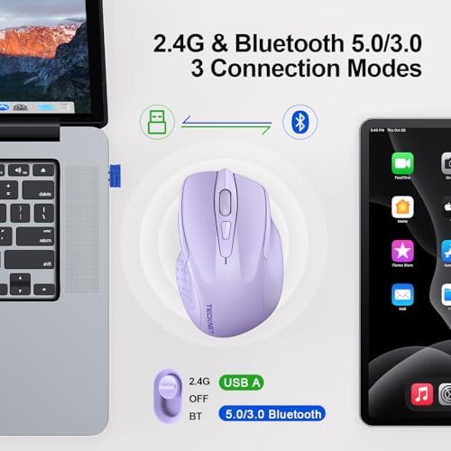 TECKNET Wireless Mouse, BT 5.0/2.4G, Silent 4800 DPI 6 Buttons, Lavender