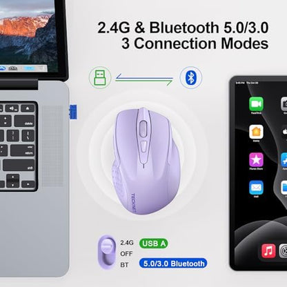 TECKNET Wireless Mouse, BT 5.0/2.4G, Silent 4800 DPI 6 Buttons, Lavender
