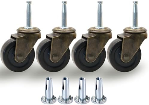1-1/2 Inch Antique Brass Caster Wheels, Rubber Casters 5/16 Inch x 1-1/2 Inch (8 x 38mm) Stem Sockets Caster for Sofa, Chair, Cabinet, Dresser Vintage Furniture Set of 4