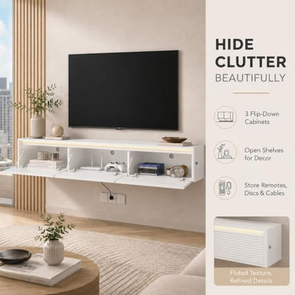 69" Fluted Floating TV Stand Wall Mounted with LED Power Outlets White