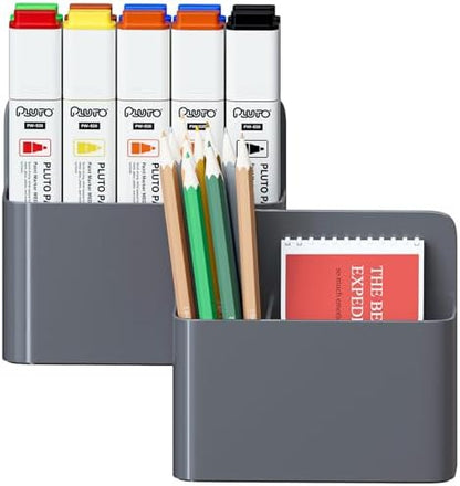 Mabrasse 2p Magnetic Dry Erase Marker Holder,Pen and Eraser Holder for Whiteboard, Magnet Pencil Cup Utility Storage Organizer for Office, Refrigerator, Locker and Metal Cabinets（Grey）
