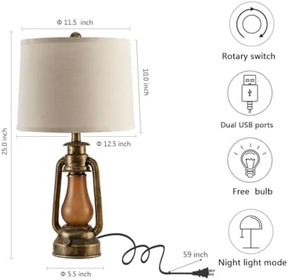 25" Set of 2 Rustic Lantern Table Lamps for Living Room Bedroom, 2 USB Ports Farmhouse Vintage Bedside Desk Lamp Nightlight for Entryway Office End Table, 4 Bulbs Included