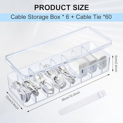 Tatuo Cord Organizer Box with Lid, Clear, 6 Pack