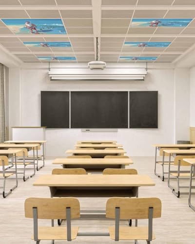Beach Christmas Magnetic Fluorescent Light Covers for Ceiling Lights 2 x 4 Feet,Coastal Ocean Turtle Santa Claus Blue Office Classroom Kitchen Drop Ceiling Light Covers Filters Shade Panel 3 Packs
