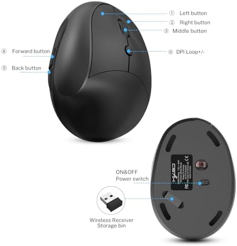 Ergonomic Mouse,Rechargeable Small Vertical Mouse with 6 Buttons Adjustable 800/1200/1600 DPI Purple Wireless Mouse for Laptop, Desktop, PC, MacBook (Black)