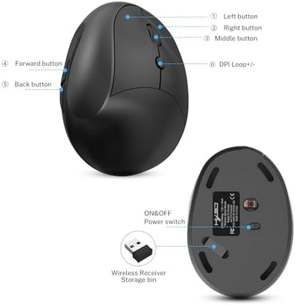 Ergonomic Mouse,Rechargeable Small Vertical Mouse with 6 Buttons Adjustable 800/1200/1600 DPI Purple Wireless Mouse for Laptop, Desktop, PC, MacBook (Black)