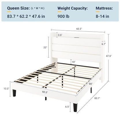 Queen Size Upholstered Bed Frame with Charging Station, White