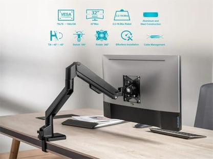 Monoprice Low Profile Single Monitor Gas Spring Desk Mount - Up to 32in/19.8 lbs Screens, Detachable VESA 100x100/75x75 Plate, 180 Degree Wall Stop, Topside Installation