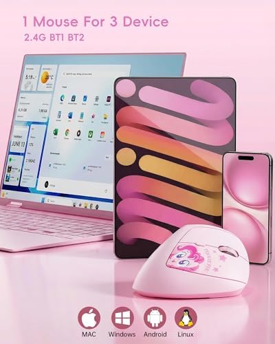 My Little Pony Ergonomic Vertical Mouse, VM01 Dual-Mode (2.4GHz/Bluetooth) Wireless Silent Mouse with LED Battery Indicator, 6 Buttons Silent Clicking Mouse for Wrist Comfort, PC, Laptop, Mac (Pink)