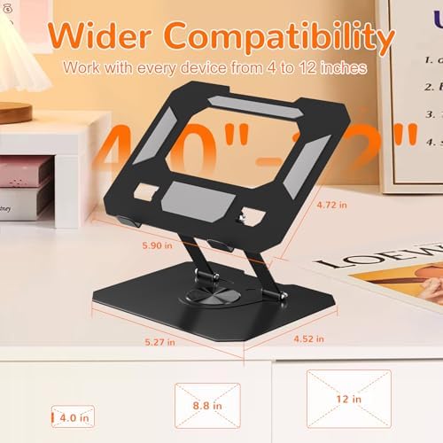 Adjustable Ergonimic Foldable Tablet Stand for Desk with 360 Rotating Base,Compatible with iPad/iPhone Portable Monitor up to 15 Inches for Office Desk,Black