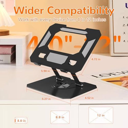Adjustable Ergonimic Foldable Tablet Stand for Desk with 360 Rotating Base,Compatible with iPad/iPhone Portable Monitor up to 15 Inches for Office Desk,Black