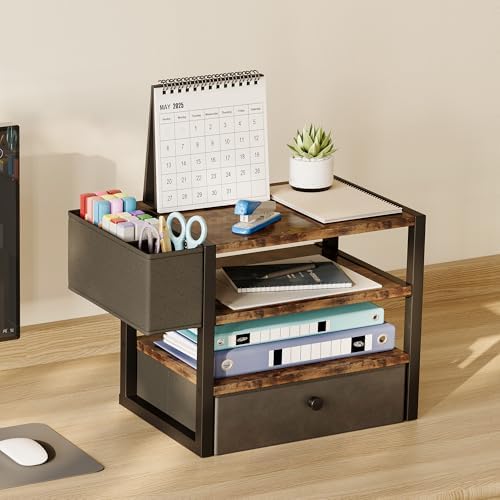Desk Organizers and Accessories, 4-Tier Paper Letter Tray File Organizer with Fabric Drawer & 3 Pen Holder, Office Desk Accessories Workspace Desktop Organizer for Office Supplies, Rustic Brown