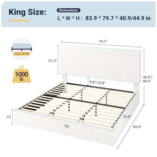 King Bed Frame, Adjustable Corduroy Headboard, Platform, White