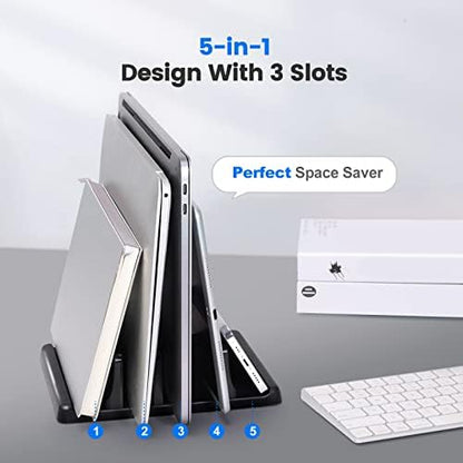 3-Slot Vertical Laptop Stand Holder,Adjustable ABS Plastic Desktop Notebook Dock,Vertical Laptop Stand Space-Saving for All MacBook/Surface/Samsung/HP/Dell/Chrome Book