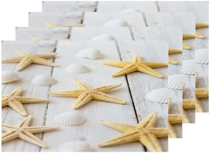 Shrahala White Beach Beige Set Of 4 12 X 18 Inch Linen Placemats , Sea Shell Starfish Background Beach Shells Burlap Table Mat Washable Double Layered Heat Insulation For Indoor/Outdoor
