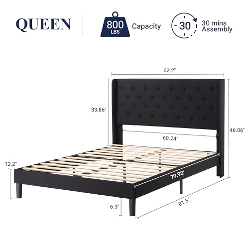 Queen Size Bed Frame with Button Tufted Wingback Headboard, Black