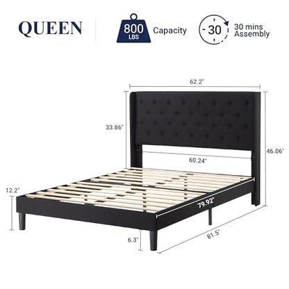 Queen Size Bed Frame with Button Tufted Wingback Headboard, Black