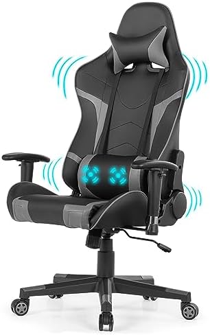 DORTALA Ergonomic Gaming Chair, High-Back Racing Chair w/Massage Lumbar Support, Extra Power Bank Pocket, 360° Swivel, Adjustable Backrest & Armrest, for Office, Game Room (Grey)