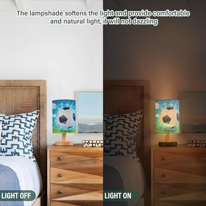Bedside Lamp Soccer Ball on Field Table Lamp for Bedroom LED Nightstand Lamp Shade USB Ports Wood Base for Living Room Dorm Office