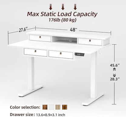 TIQLAB 48 * 28 Inch Standing Desk with Four Drawers, Electric Sit Stand Table, Stand Up Desk Adjustable Height with Storage Shelf, Splice Board, White