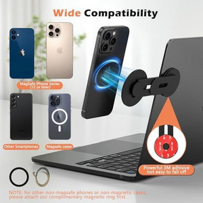 Magnetic Phone Holder for Laptop, 360° Adjustable MacBook Monitor Side Mount for iPhone 17 Pro Max/16/15/14/13/12 MagSafe for Tesla, Portable Foldable Cell Phone Holder Accessory, Black