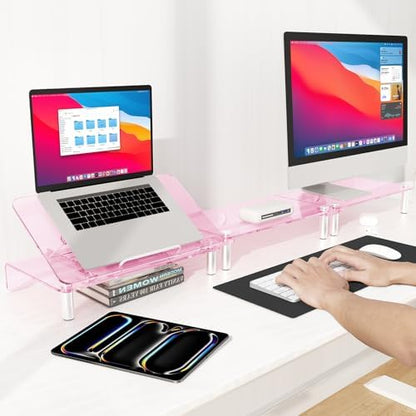 Pink Acrylic Dual Monitor Stand Riser,Laptop Riser Adjustable to 8 Angles