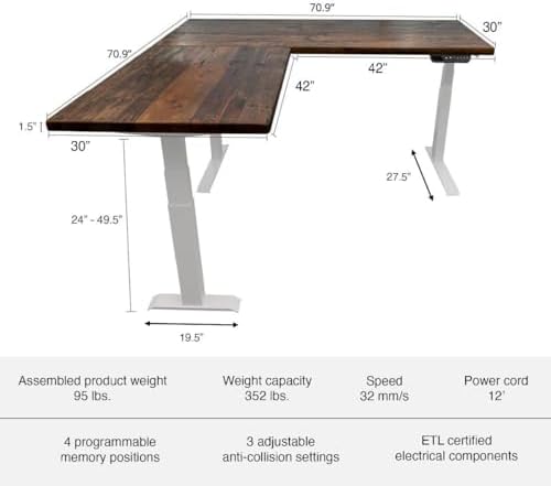 Stand Up Desk Store Reclaimed Wood Electric L-Shaped Corner Standing Desk with EZ Assemble Frame (White Frame/Natural Fir Top, 71" W x 71" D)