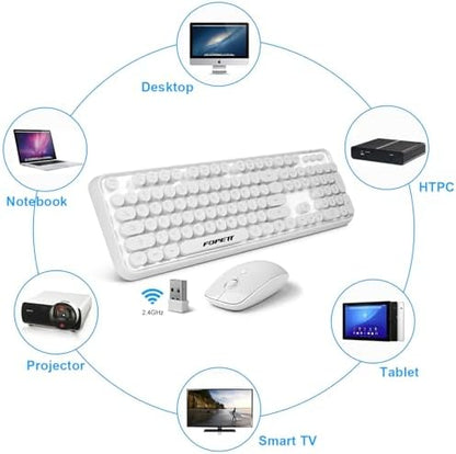 FOPETT Wireless Keyboard and Mouse Combo - 2.4G Full-Sized White Keyboard with Round Keycaps 104 Keys Typewriter Keyboard for Laptop/Windows/PC - White