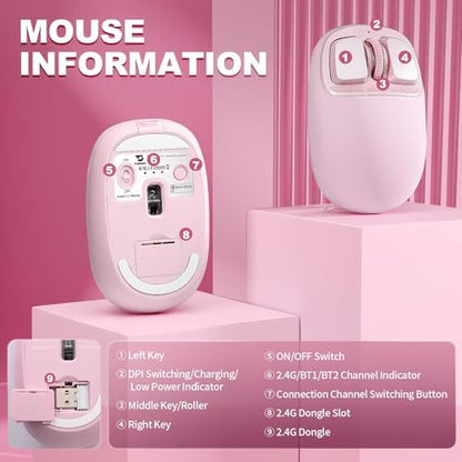 YUNZII C1 Wireless Tri-Mode Wireless Mouse 4800 DPI Optical (Pink)