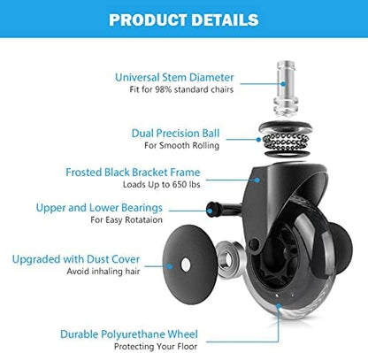 Hirate 3" Office Chair Caster Wheel 5 Pack Universal Fit 7/16" x 7/8"