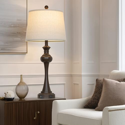 Cinyirong Brown Touch Table Lamps,28.75" Tall Bedside Lamps with USB C+A Ports, 3-Way Dimmable Table Lamp, Nightstand Lamps for Bedroom, Living Room，Brown Lamps with Beige Lampshade, Bulb Included