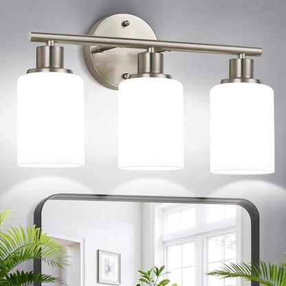 Zarbitta 3-Light Bathroom Light Fixtures, Brushed Nickel Vanity Light, Farmhouse Wall Lights with Milky White Frosted Glass Shades, Bathroom Wall Lamp for Mirror Kitchen Bedroom Hallway Living Room