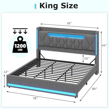 King Size Bed Frame with Marshmallow Headboard and Storage, Gray