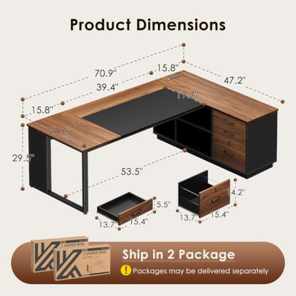 71 Inch L Shaped Executive Desk with Storage, Walnut+ Black