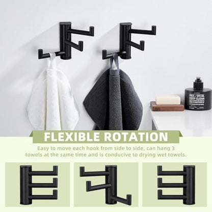 Suyar Bathroom Towel Hook Matte Black, Swivel Coat Robe Holder with 3 Arms