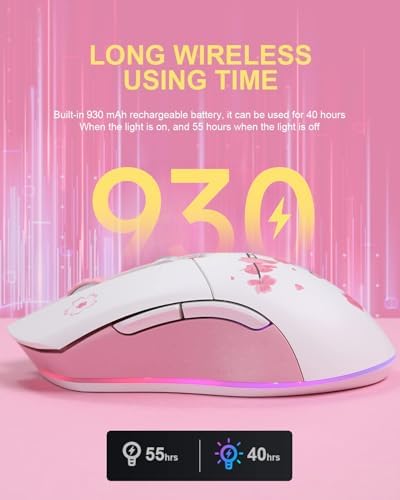 DAREU Sakura Pink Wireless Wired Gaming Mouse, Dual-Mode Rechargeable 6 Programmable Buttons,10K DPI,RGB and 7 Adjustable DPI Levels up to [150IPS] [1000Hz Polling Rate] for PC Notebook Mac