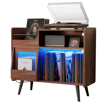 Large Record Player Stand,Turntable Stand Shelf w/Power Outlet & LED Light