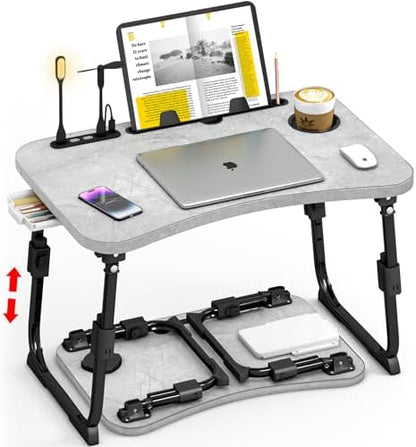 Lap Desk for Bed Adjustable Height, Foldable Bed Table with Storage Drawer, Tablet Slot & Cup Holder, Portable Laptop Stand for Bed & Sofa, Bed Desk for Adults & Kids, Light Stone Color