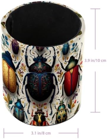 Leather Pen Holder for Desk, Circular Beetle Pencil Cup Pen Organizer Makeup Brush Holder for Office Home Kids Countertop Desk Accessory Storage