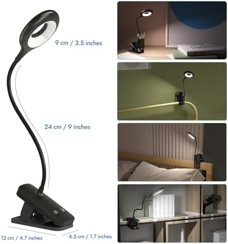 CUHIOY Rechargeable Clip on Reading Light for Bed Headboard, Black, 1 Pack