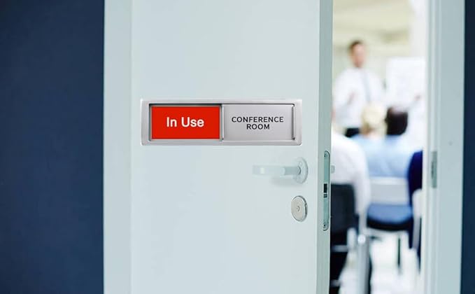 Conference Room In Use/Available Sign - Magnetic Door Slider, 7"x2" Non-Scratch Office Door Sign with Privacy Slider for Meeting Rooms, Offices, Restrooms - Silver