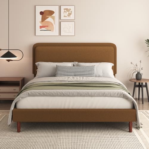 Queen Size Boucle Platform Bed Frame with Adjustable Headboard, Upholstered Cloud Bed, Solid Wooden Legs, Easy Assembly, No Box Spring Needed, Brown