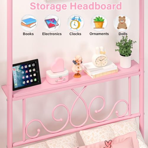 Twin Metal Canopy Bed Frame with Storage Headboard, 4 Poster Bed, Pink