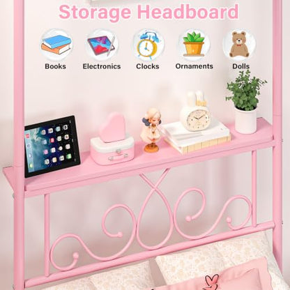 Twin Metal Canopy Bed Frame with Storage Headboard, 4 Poster Bed, Pink