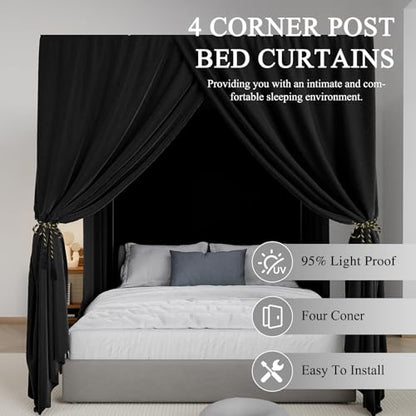Black Canopy Bed Curtain 4 Corner Post Bed Curtains, King