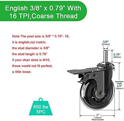 3" Caster Wheels set of 5(3 with Safety Dual Brake,2 without),Heavy Duty Swivel Castors w 3/8"-16UNC Threaded Stem, No Noise Rubber wheels,Safe for HardWwood,Carpet,Fit Chair,Workench,Shelf