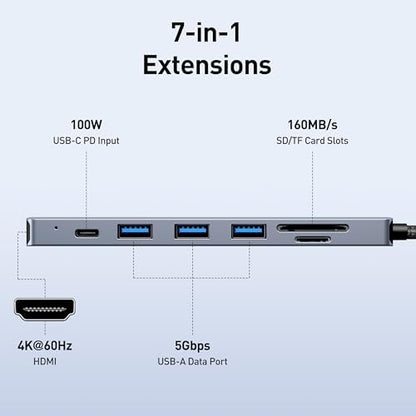 BENFEI USB C HUB 7-in-1 with HDMI(4K@60Hz,Certified), 100W Power Delivery, 3*USB 3.0, SD/TF Card Reader(160MB/s) Compatible with iPhone 15 Pro/Max, MacBook, iPad Pro, iMac, S23, XPS17