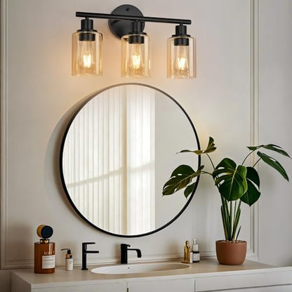 Zarbitta 3-Light Bathroom Light Fixtures, Black Modern Vanity Lights with Amber Glass Shades, Bathroom Wall Lamp for Mirror Kitchen Living Room Hallway Cabinet Porch