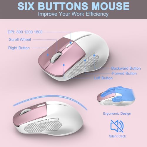Rechargeable Silent Wireless Keyboard and Mouse Combo, Ergonomic Wrist Rest & Phone Tablet Holder, USB-C Adapter Included, 2.4G Lag-Free Cordless Set for Windows Mac Laptop PC Home Office (Rose Gold)